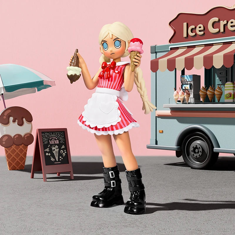Animated character in a red dress with ice cream cones in front of an ice cream truck.