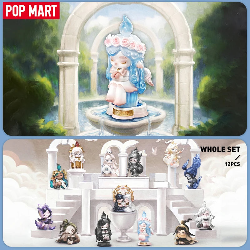 Collection of small figurines on a decorative stand with 'Pop Mart' branding.