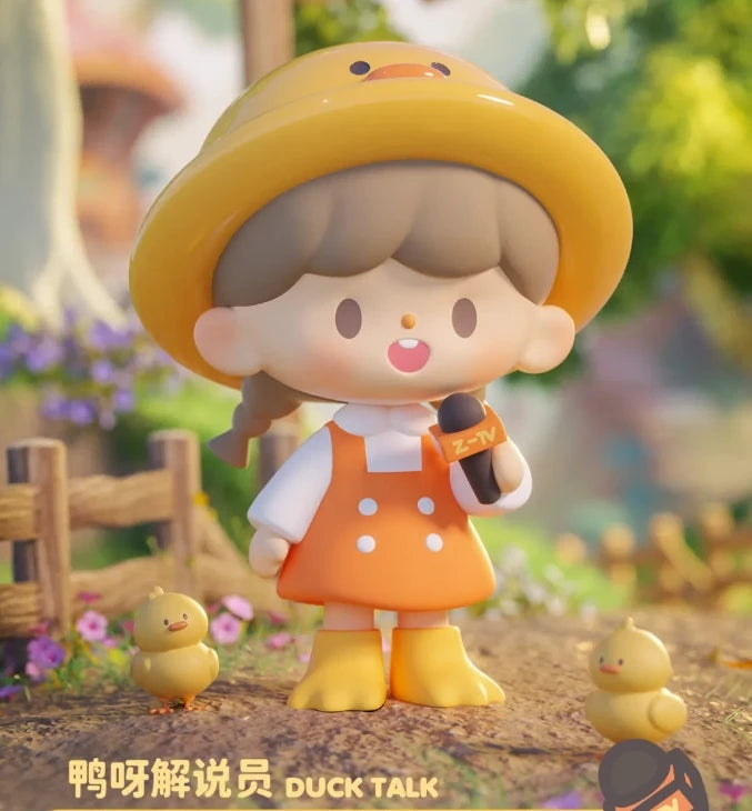 Animated character with a yellow hat and orange outfit holding a microphone, with small yellow creatures around, set against a blurred natural background.