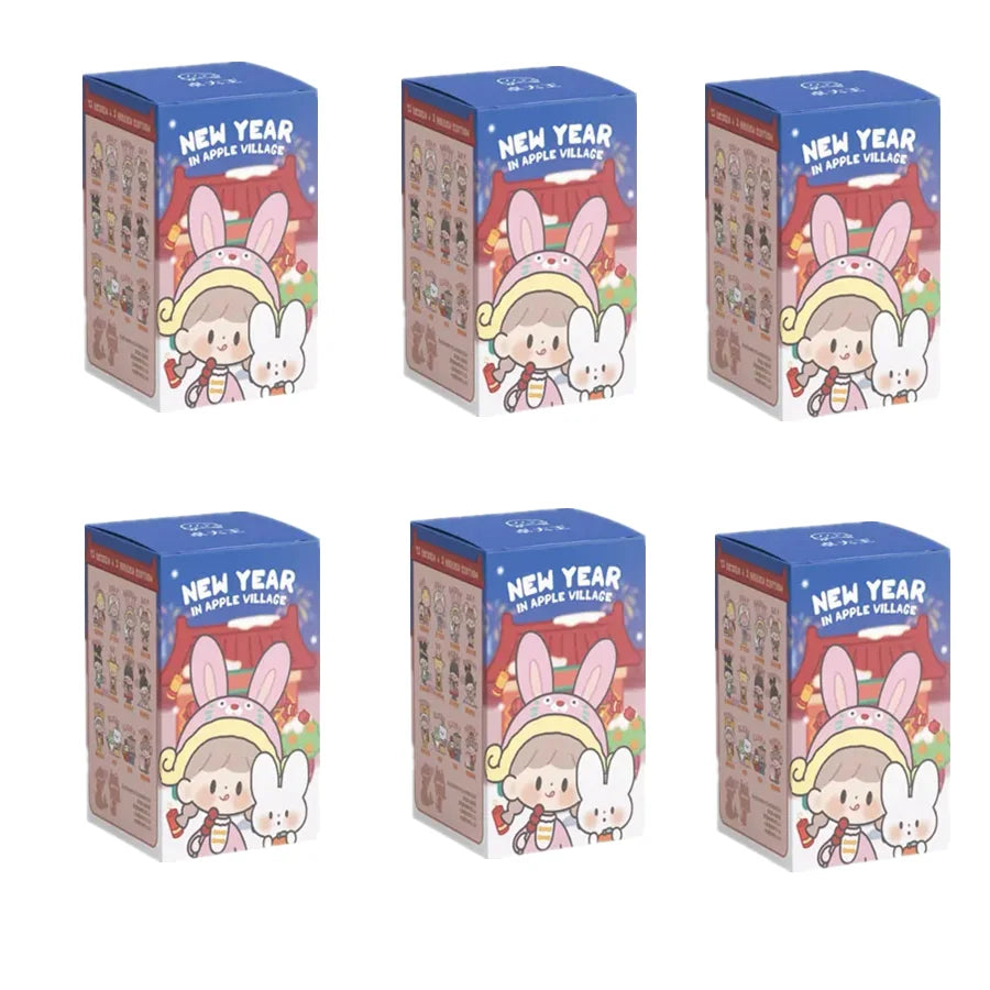 Set of six 'New Year in Apple Village' themed boxes with cartoon characters on a white background.