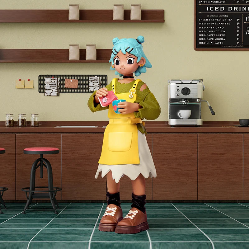 Animated character in a yellow apron standing in a coffee shop