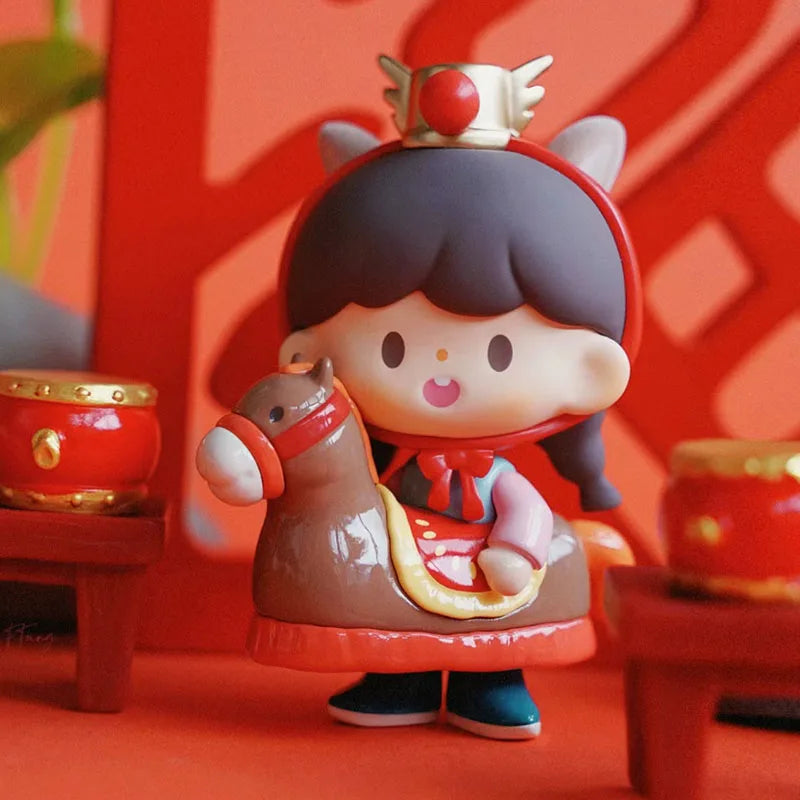 Colorful figurine of a character with animal-like features on a red background