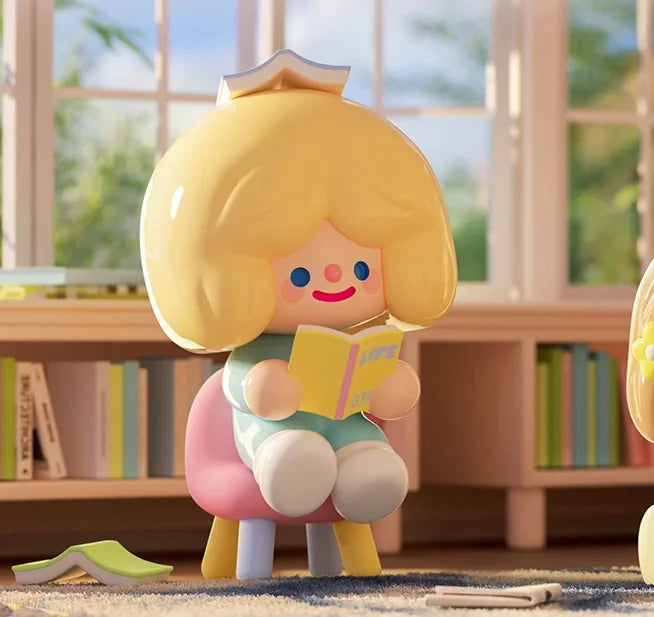 Cartoon character reading a book in a room with bookshelves