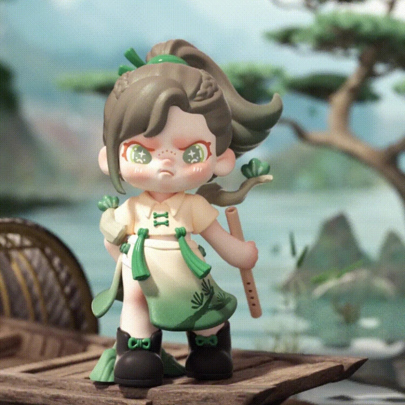 Animated character with green hair and outfit standing in a scenic background