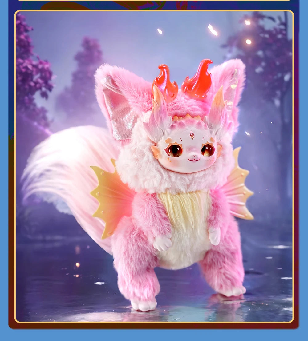 Pink and white fantasy creature with large ears and a fluffy tail on a reflective surface.