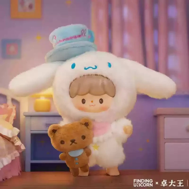 Person in a fluffy white costume with a teddy bear in a room with pastel colors