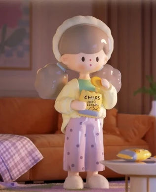 Animated character holding a bag of chips in a living room setting