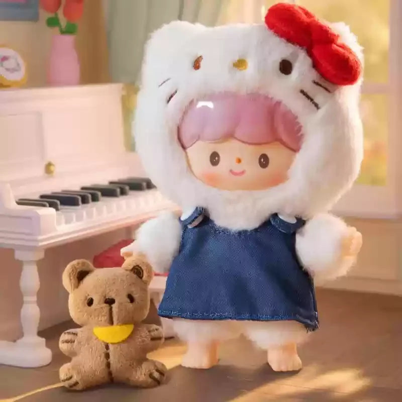 Plush toy with a character inside, standing next to a small teddy bear in a room with a piano.