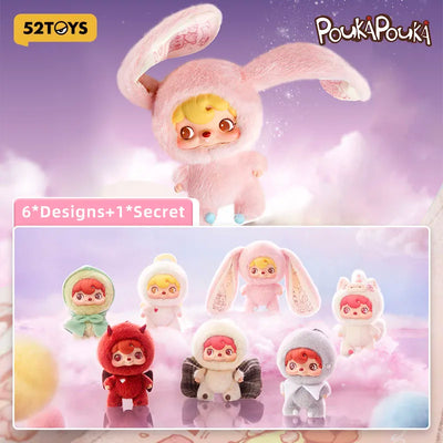 PoukA Pouka toy with bunny ears and various designs on a pastel background, featuring 52Toys branding.