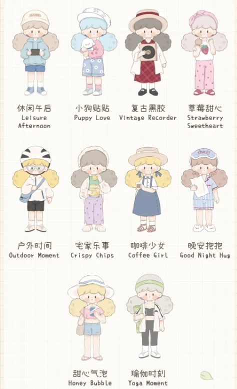 Illustrations of cartoon characters with various poses and outfits on a beige background.