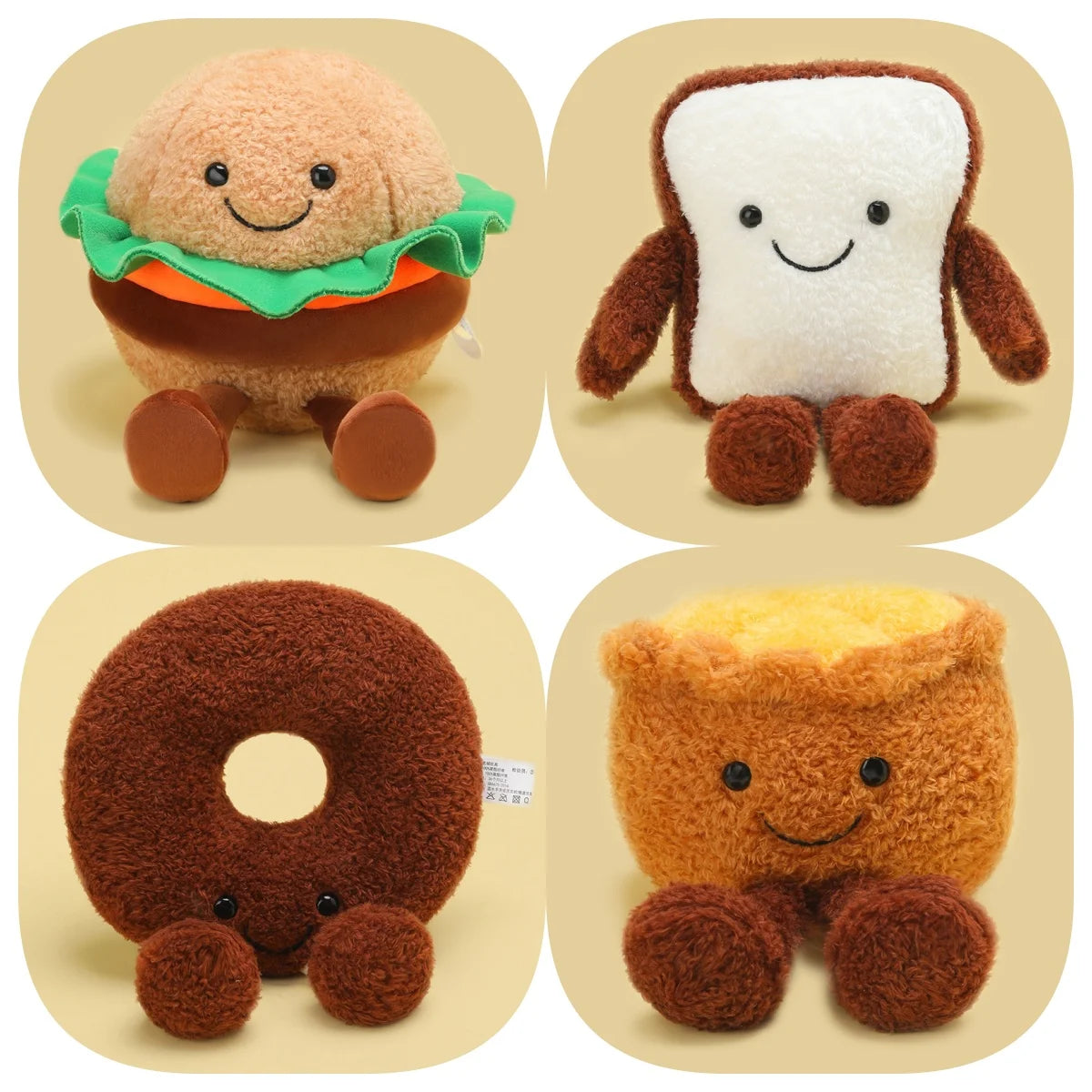 Kawaii Bakery Plush Set – Hamburger, Egg Tart, Toast, Bagel & Dorayaki Plushies