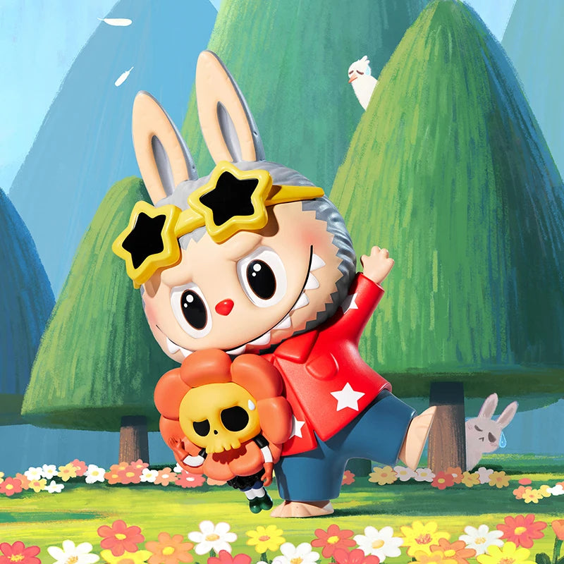 Cartoon character with rabbit ears and a red jacket in a colorful landscape