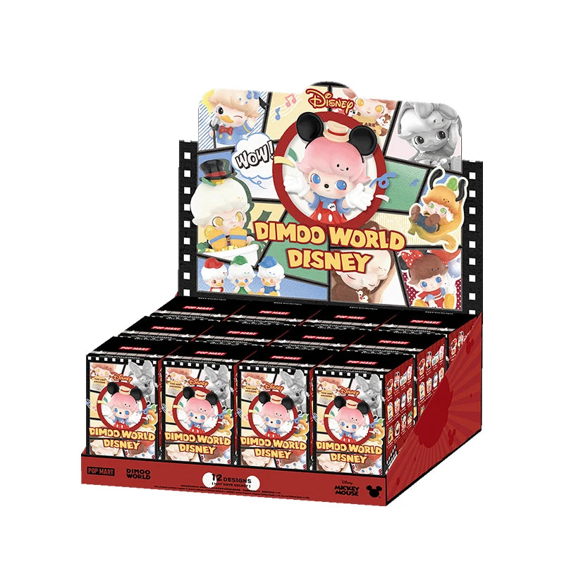 Display box of Dimoo World Disney figurines with cartoon characters on a white background