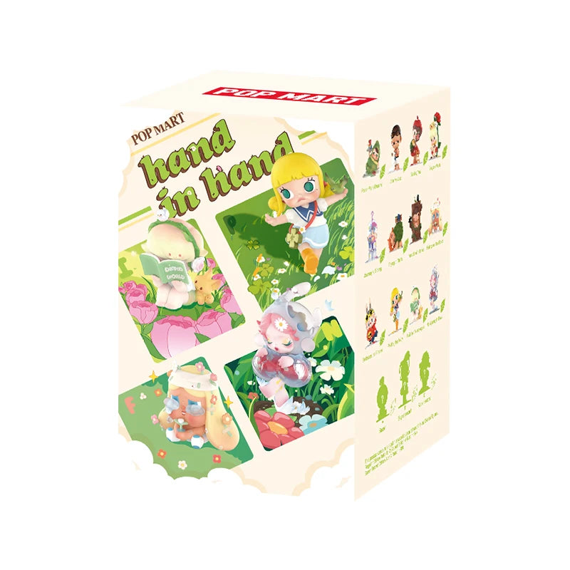 Pop Mart 'hand in hand' toy packaging with cartoon character and floral design