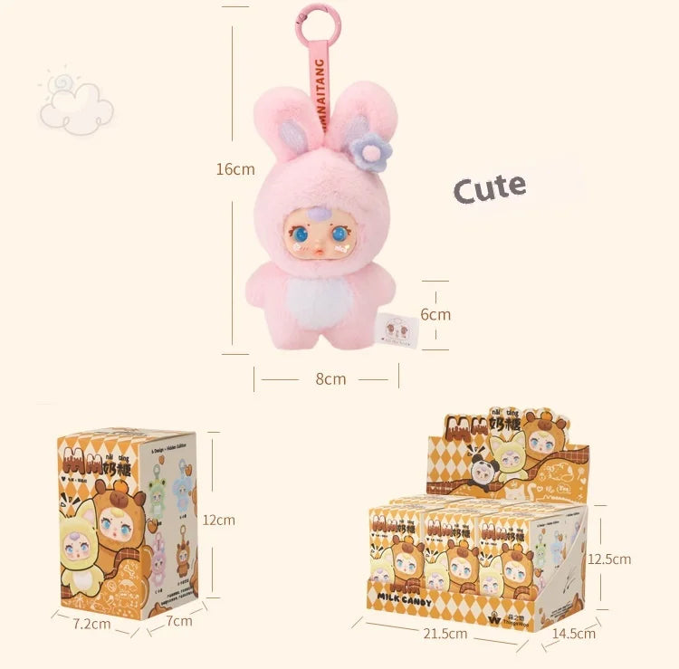 Plush toy with dimensions and packaging on a white background