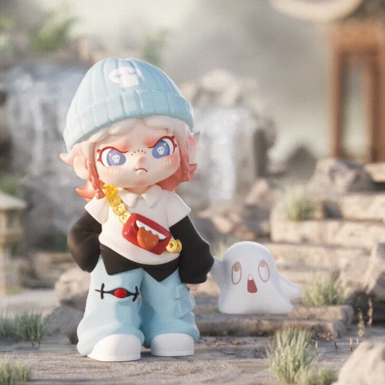 Animated character with a blue hat and white outfit standing outdoors with a blurred background