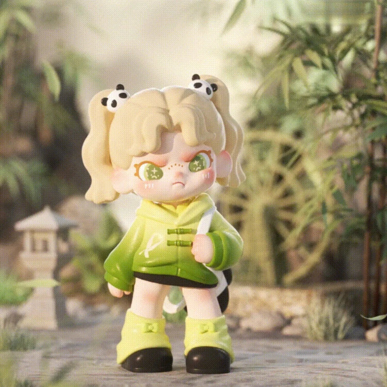 Toy figure of a character with blonde hair and green outfit in a garden setting