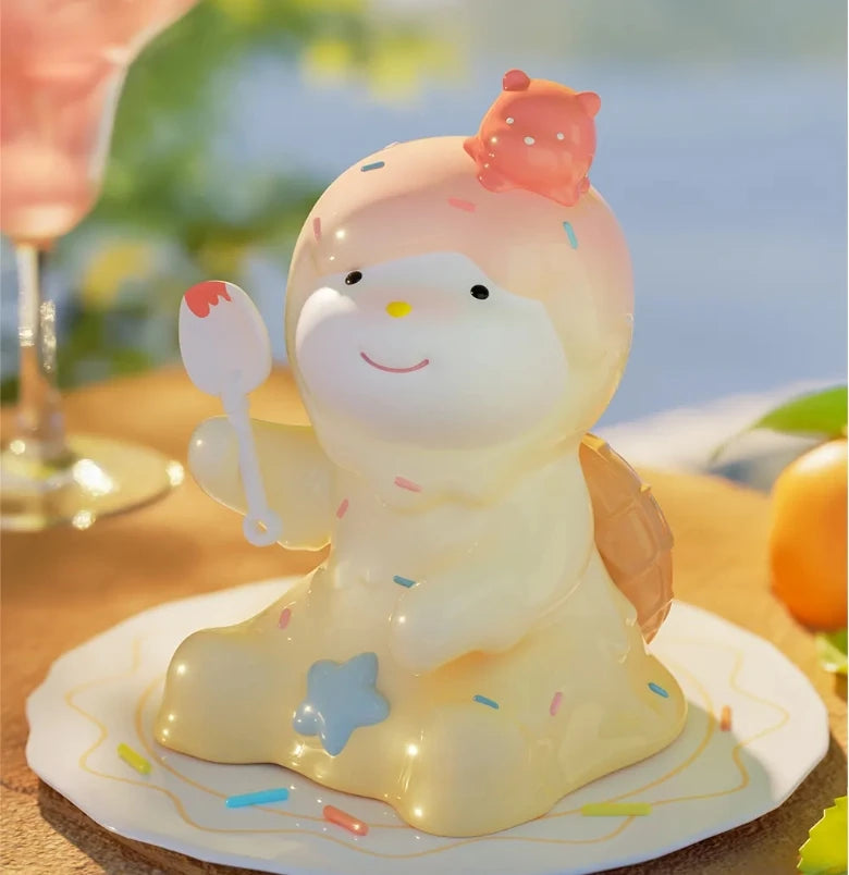 Cute ceramic character with a spoon on a plate outdoors