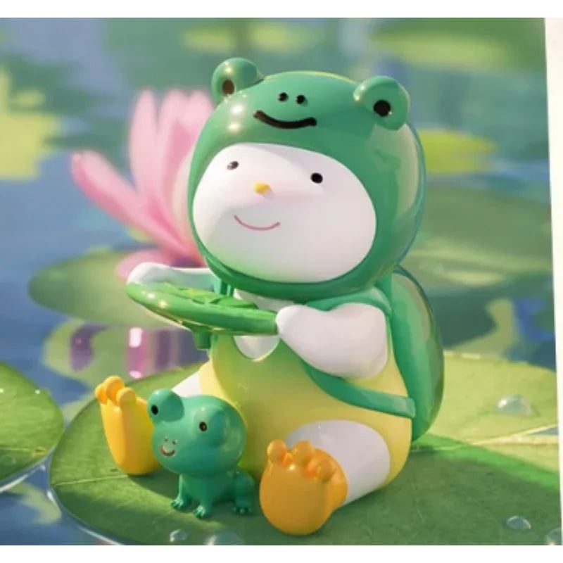 Cartoon frog character with a baby frog and tadpole on lily pads