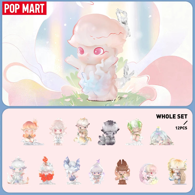 Set of cute figurines with 'Pop Mart' branding on a pastel background