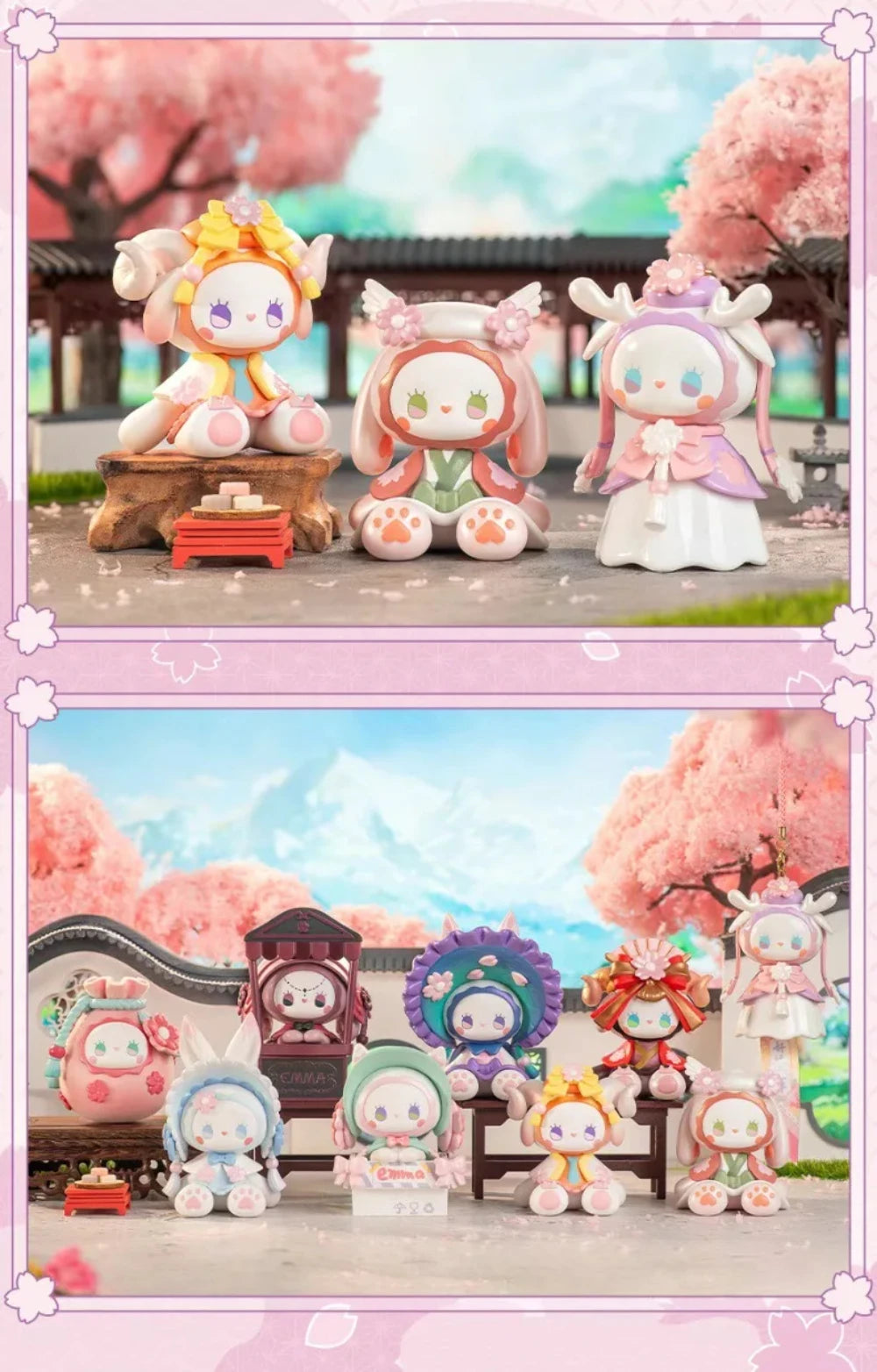 Collection of colorful cartoon-like figurines in a cherry blossom setting