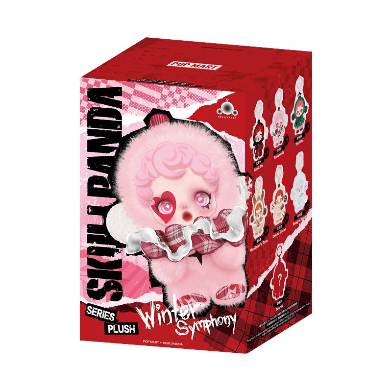 Box of a pink plush toy with plaid accents on a red background