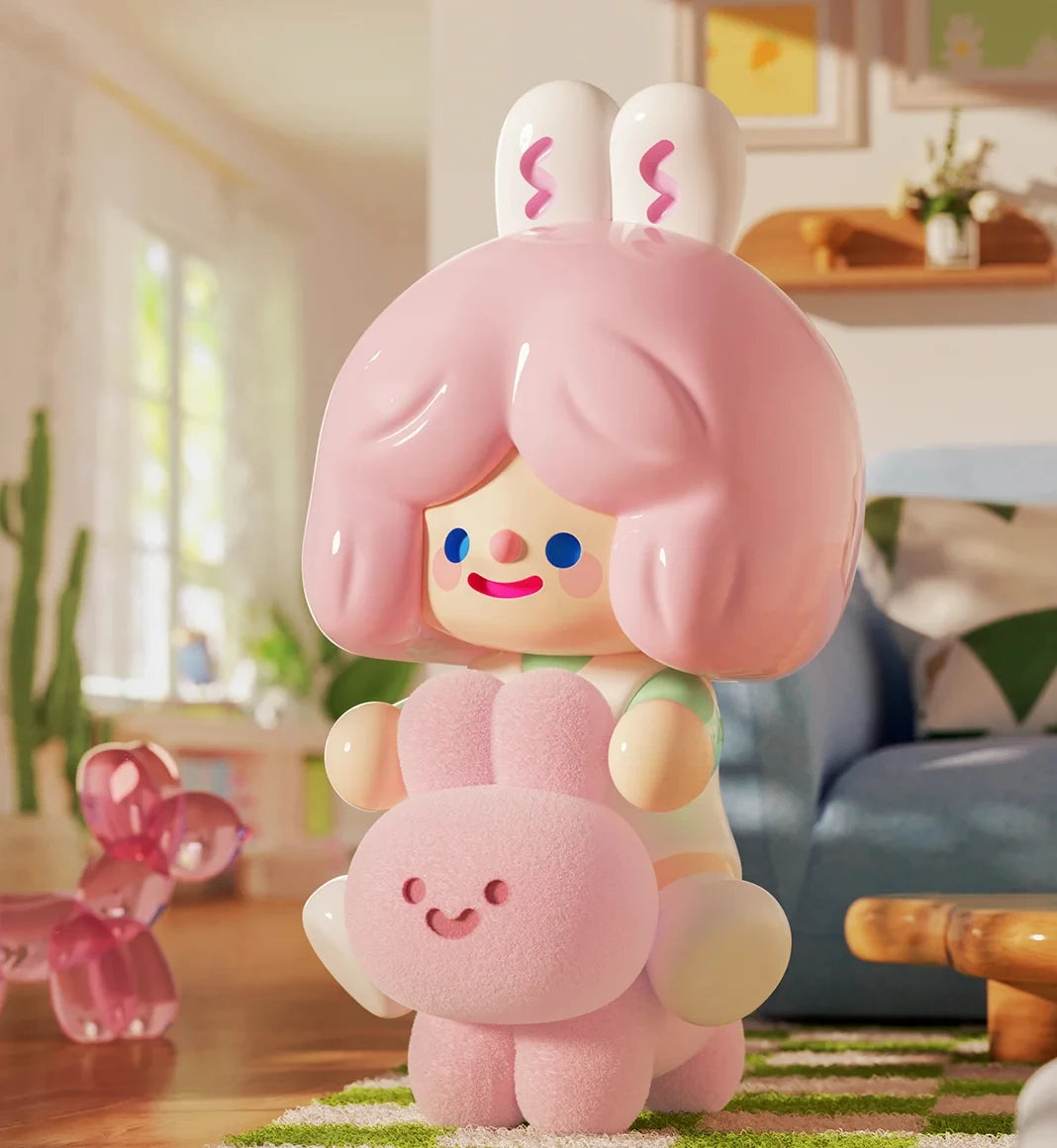 Pink cartoon character plush toy in a room with furniture and decor