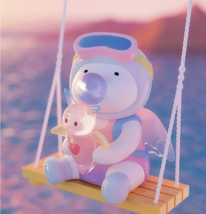 Cartoon character on a swing with a blurred beach background