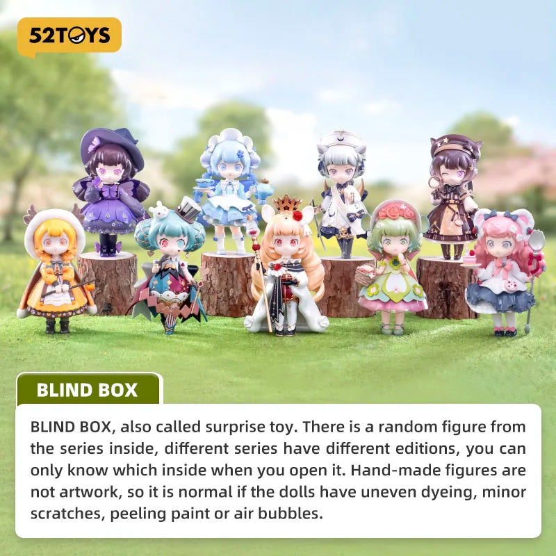 Set of hand-made figurines on wooden logs with a grassy background, featuring the 52Toys brand.