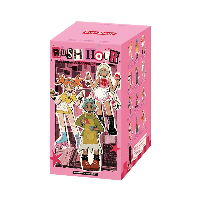 Pink packaging box for 'Rush Hour' featuring illustrated characters on a white background