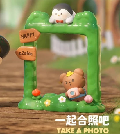 Toy photo frame with cartoon characters on a wooden surface