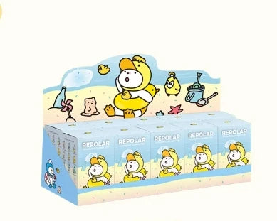 Cartoon character packaging with a beach theme on a white background