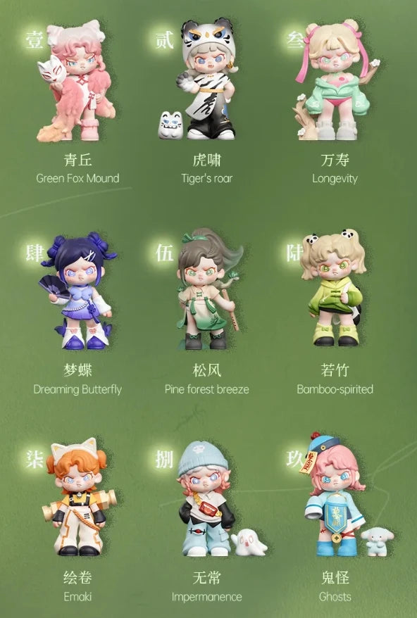 Collection of cartoon figurines with labels on a green background