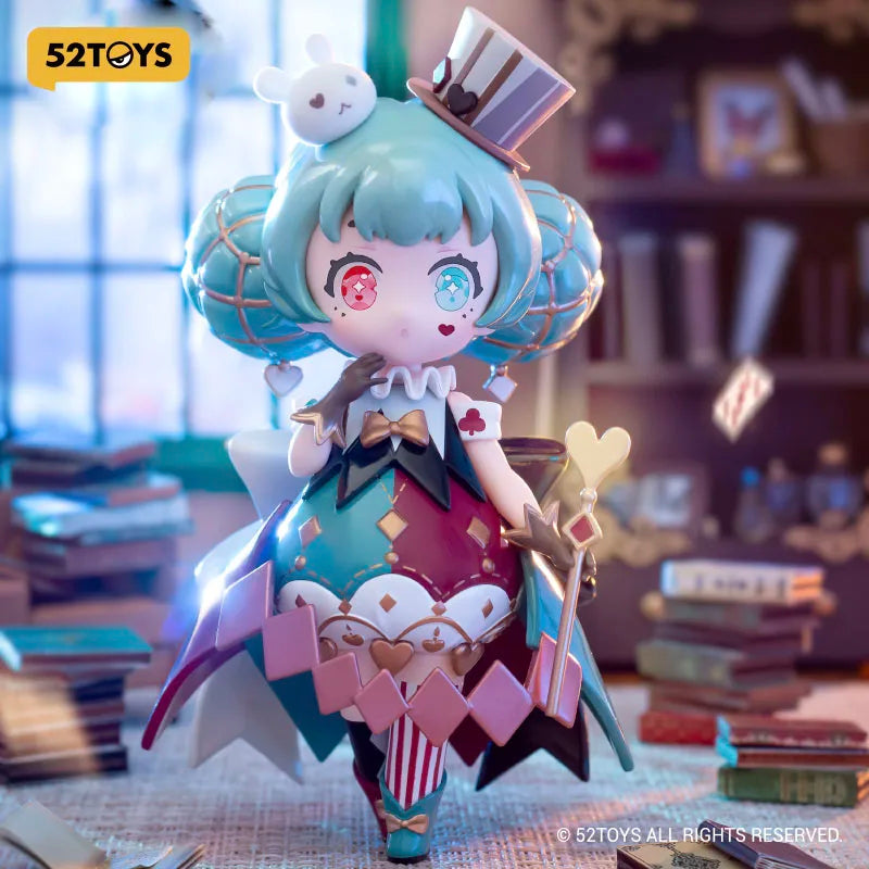 Colorful figurine with blue hair and rabbit ears in a room with books and decor.
