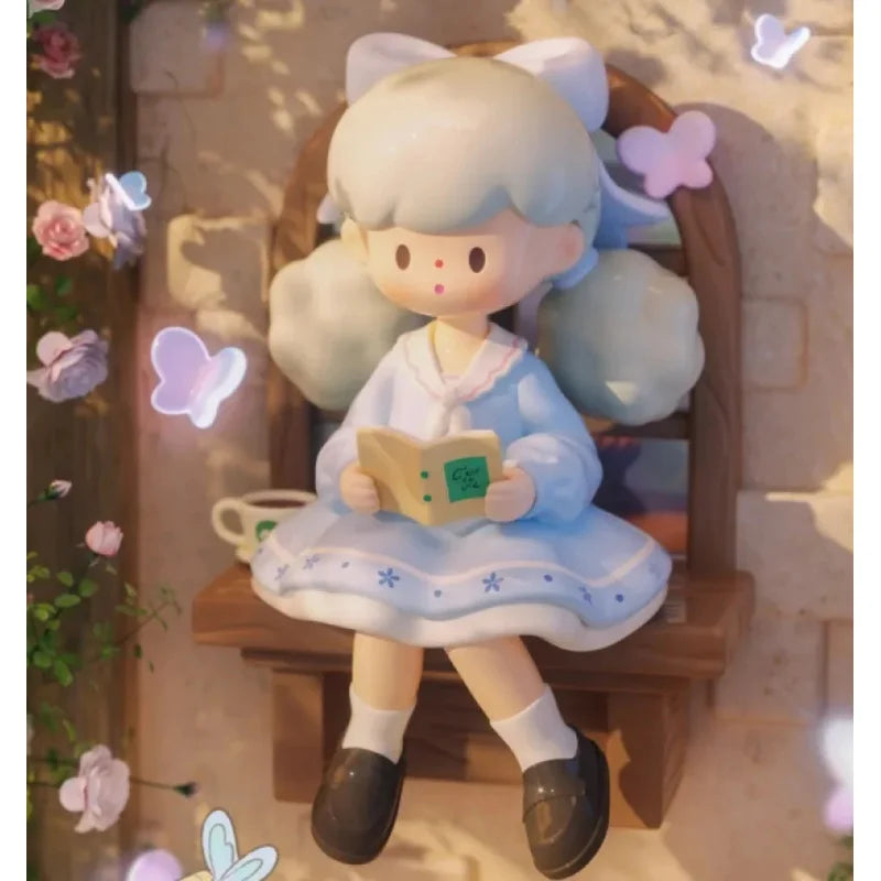 Plush toy of a character with light blue hair and a white dress sitting on a wooden chair.