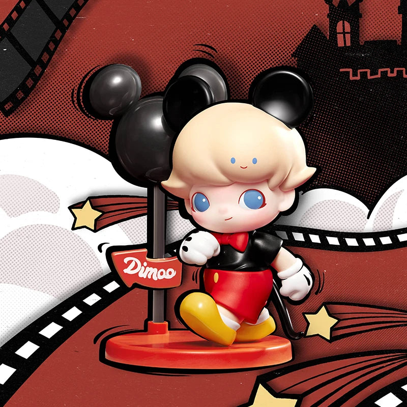 Cartoon character with black ears and red outfit on a film reel background