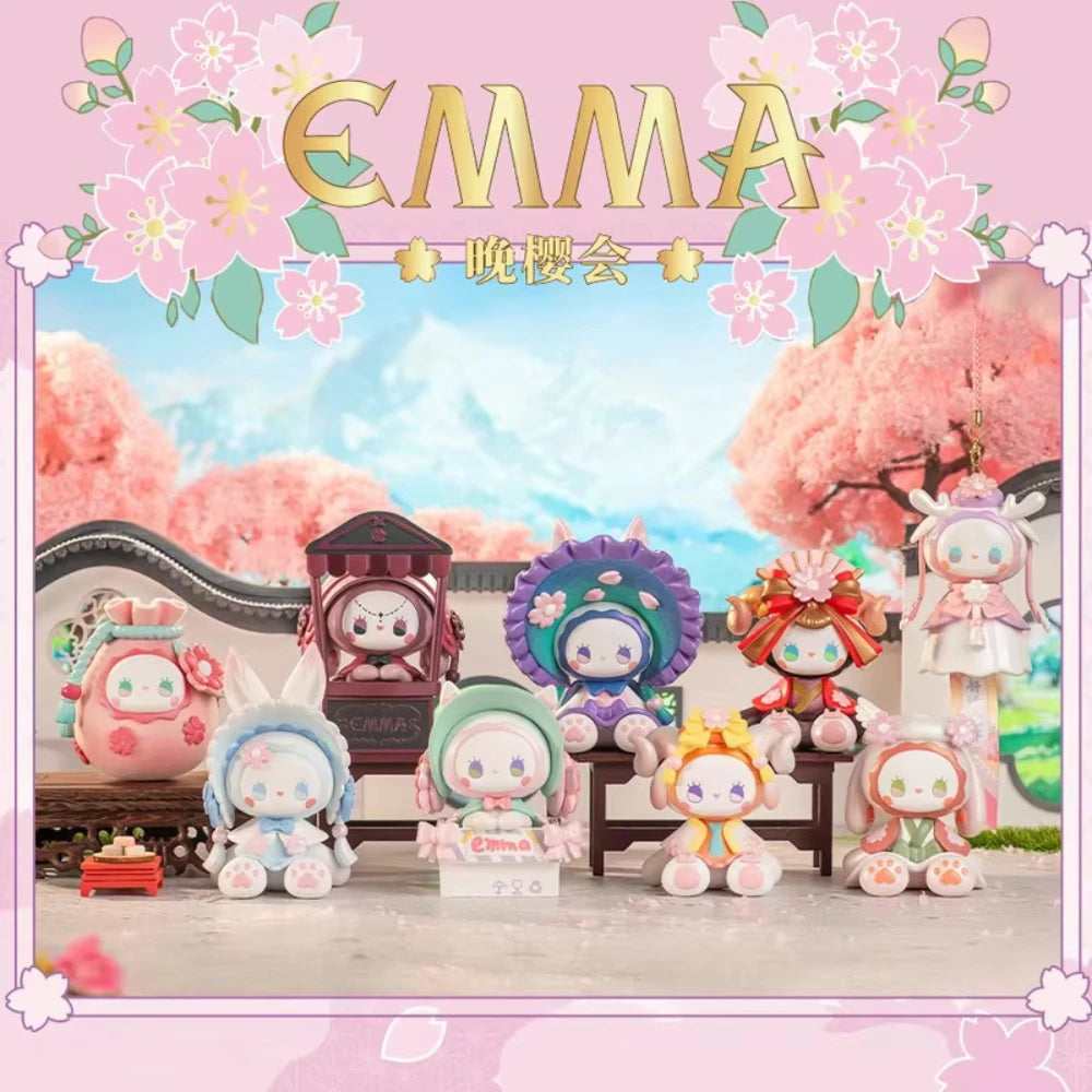 Colorful cartoon characters with cherry blossom trees and 'EMMA' branding.