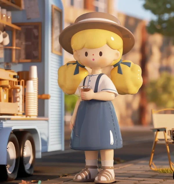 Animated character with a straw hat and blue dress holding a glass of juice in front of a coffee shop.