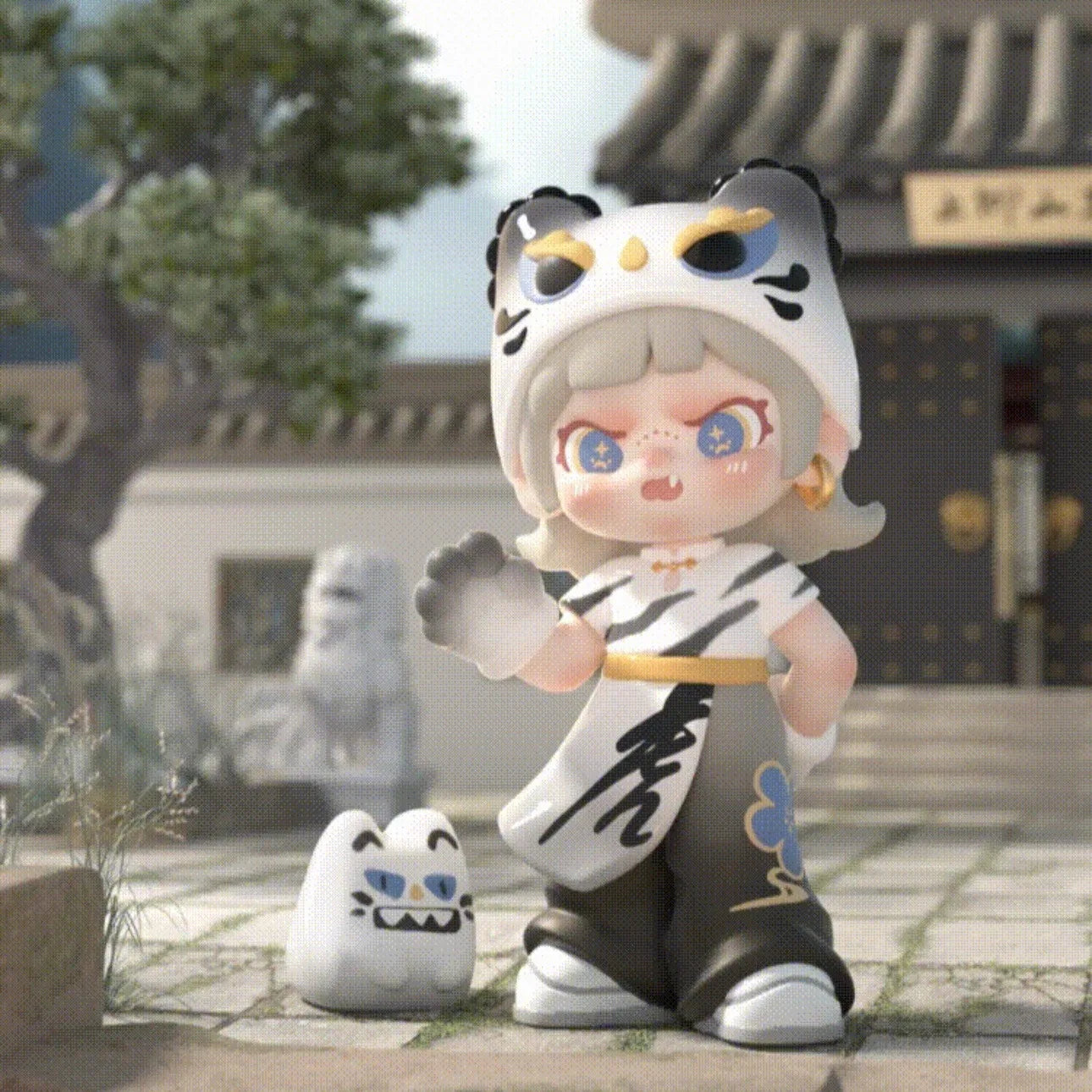 Animated character in traditional outfit with cat-like design in front of a building
