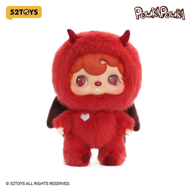 Red plush toy with horns and a heart emblem on a white background, featuring 52TOYS and Pouka Pouki logos.