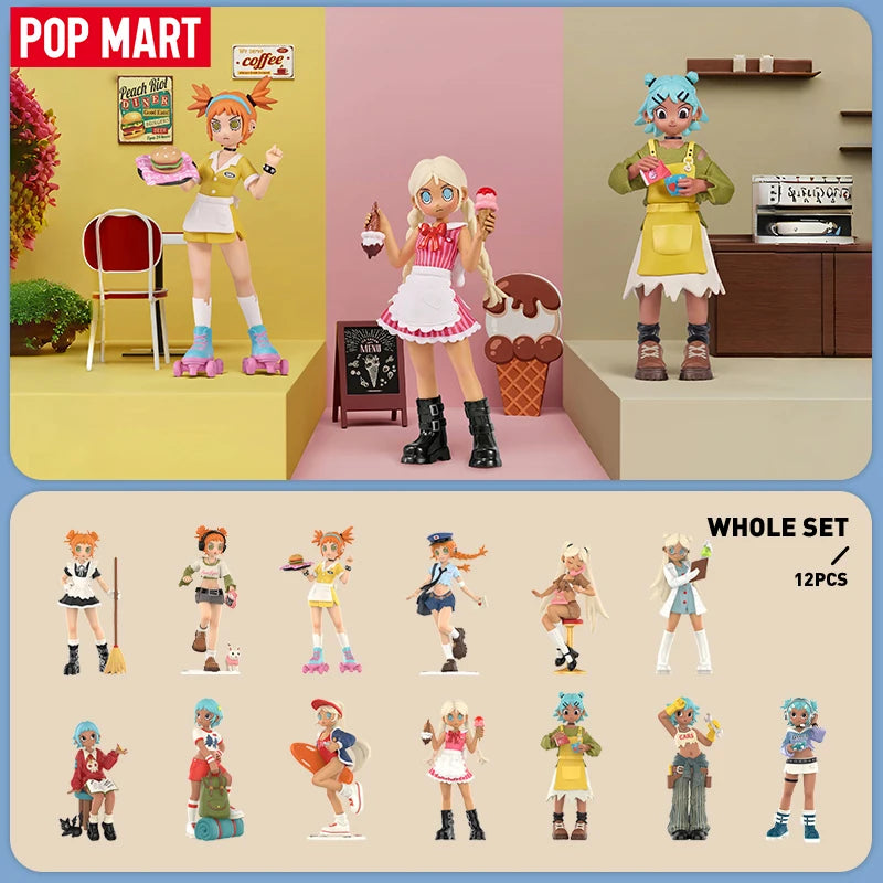 Set of toy figures with a Pop Mart logo and a display of 12 figures on a beige background.