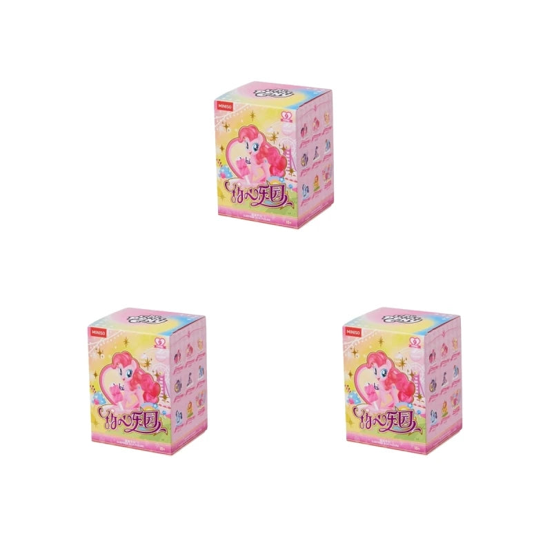 Three pink boxes with a cartoon character on a white background