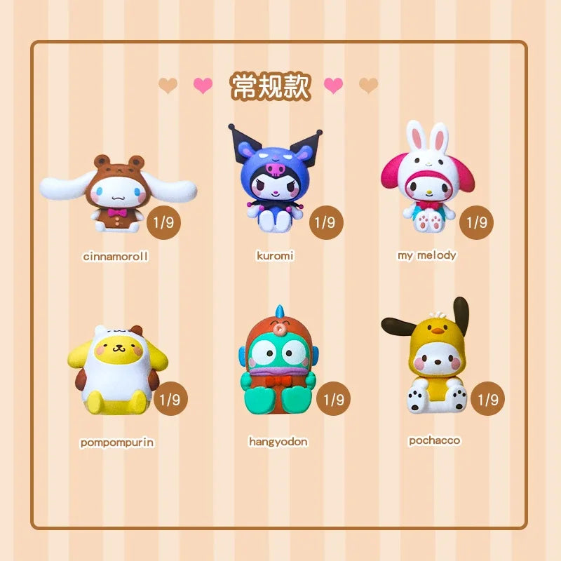 Set of six cartoon character figurines with labels on a beige background
