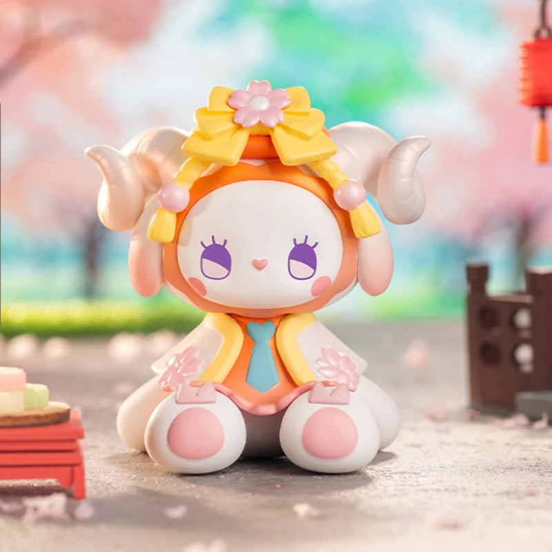 Cute cartoon-style figurine with a colorful background