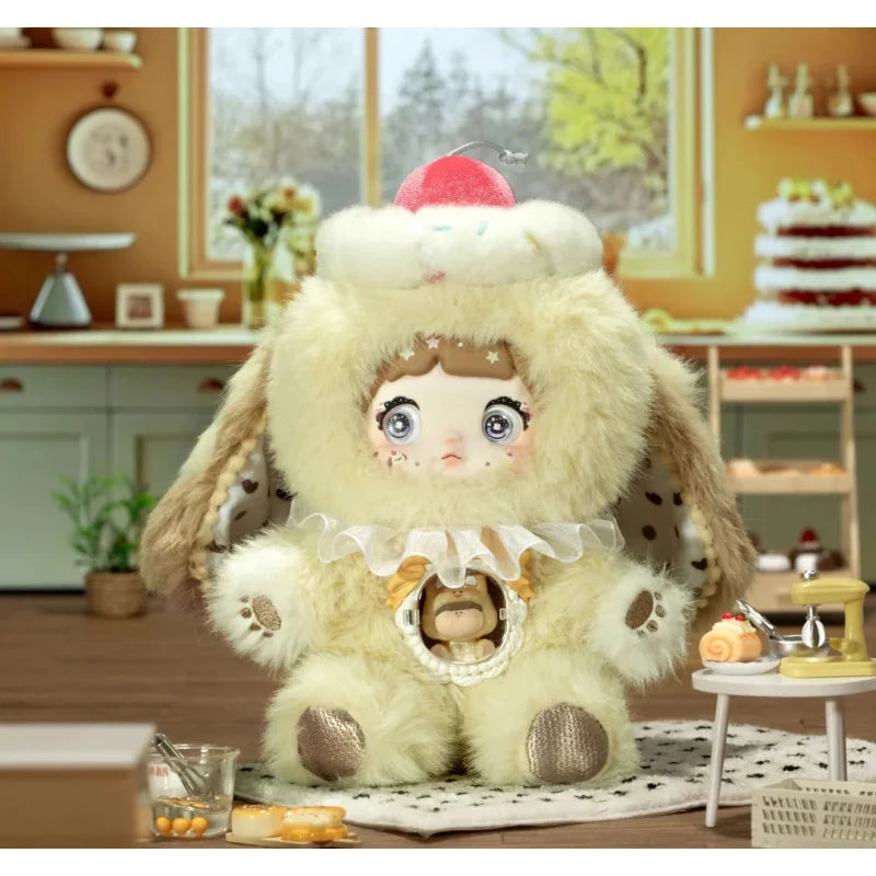 Plush toy resembling a character with bunny ears and a dress in a room setting.