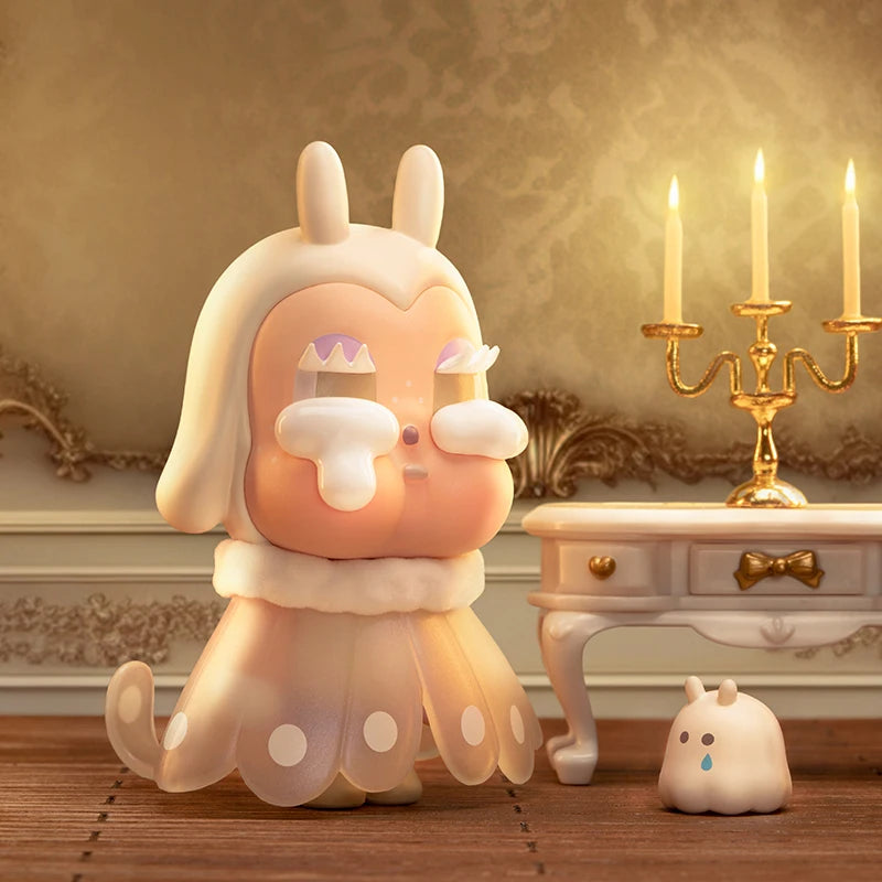 Cute cartoon character with a glowing light bulb head in an elegant room with candles and a candelabrum.
