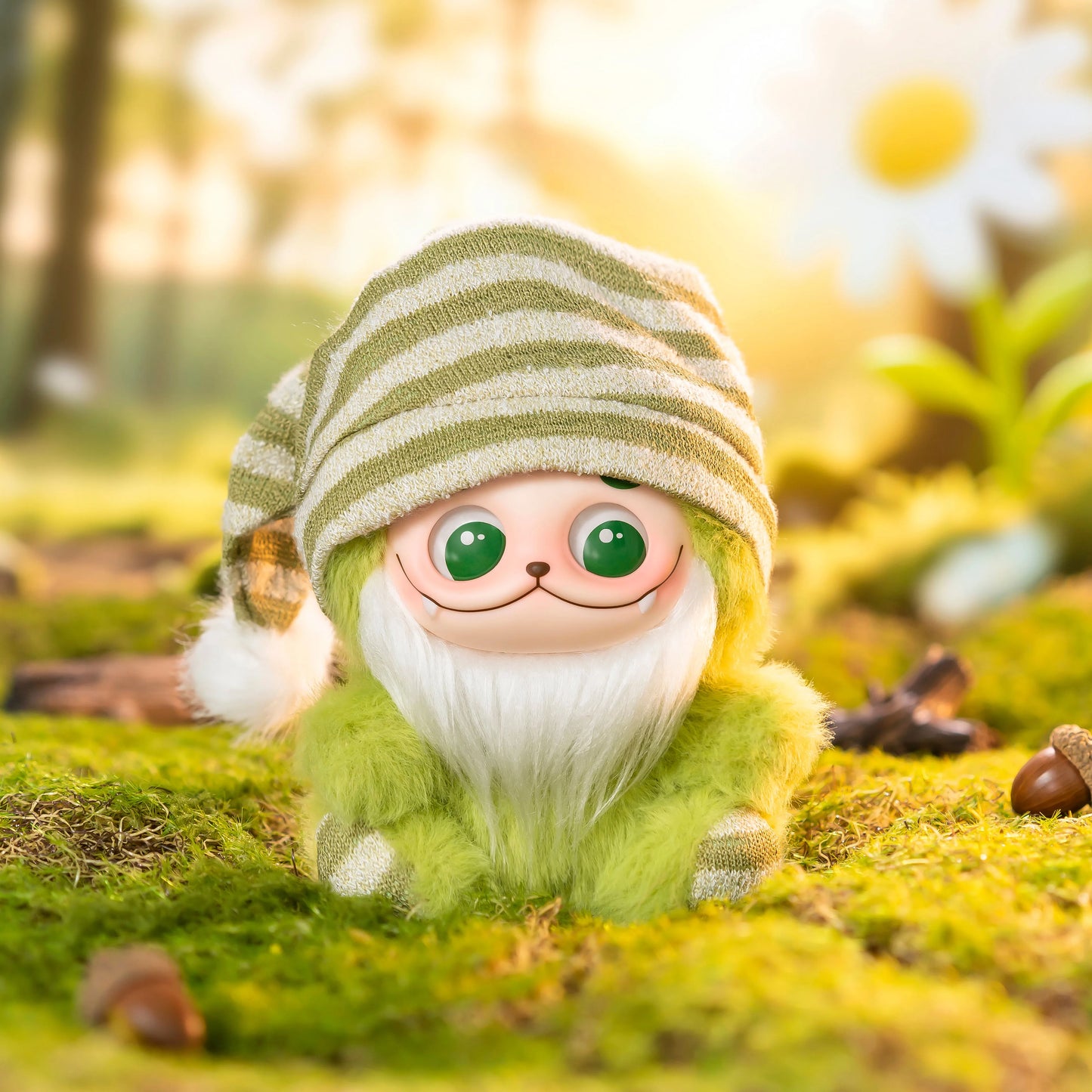 Toy gnome with a striped hat in a forest setting