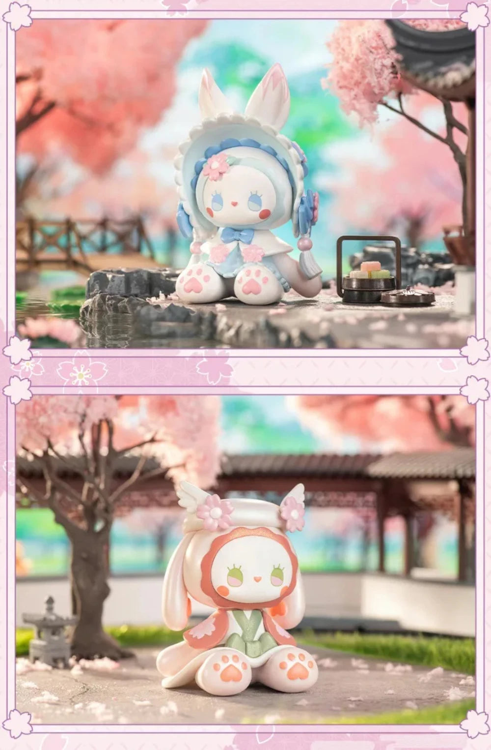 Two plush toys with bunny ears in a cherry blossom garden setting