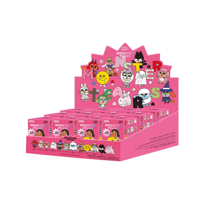 Display of pink toy boxes with cartoon character figures on a white background
