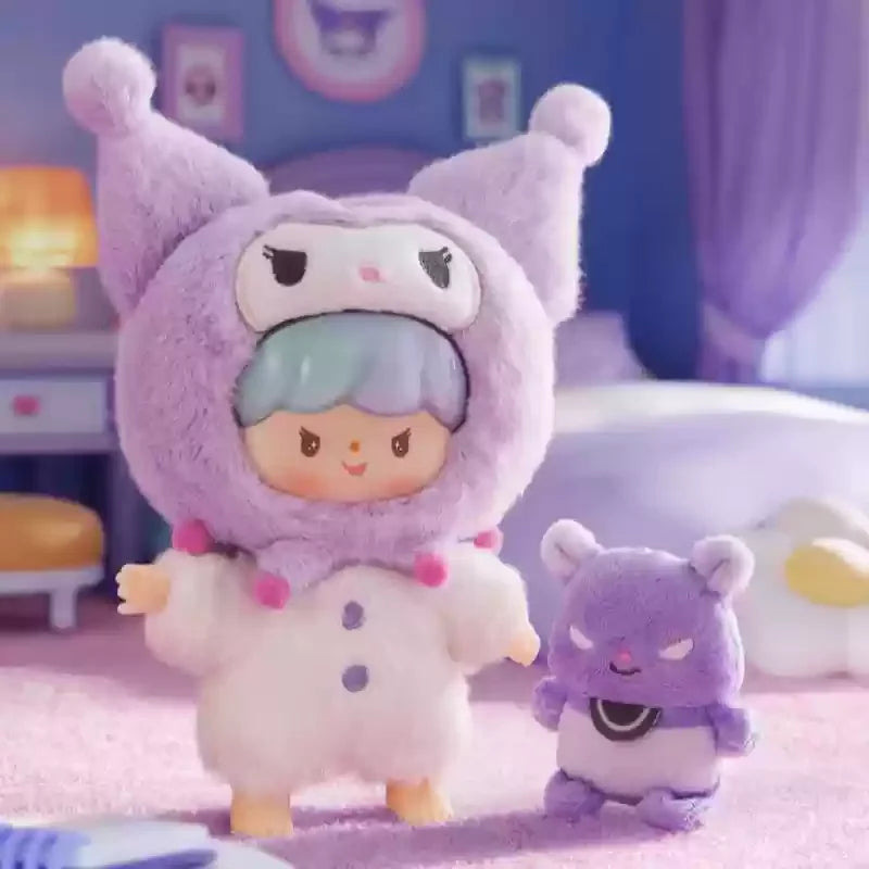 Two plush toys in a room with a purple theme